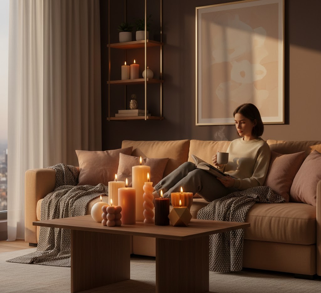 Candles in living room setting