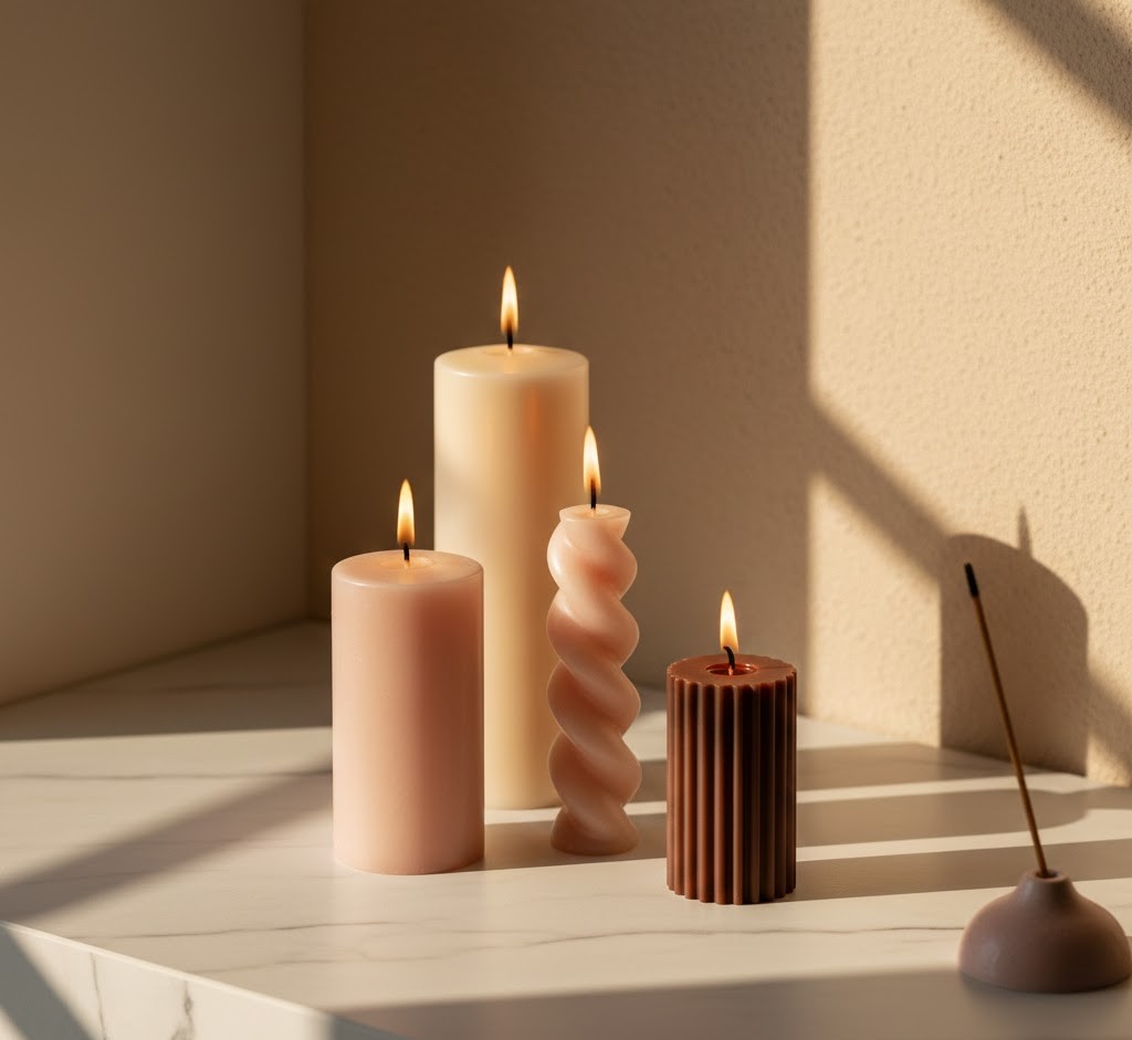 Sculptural pillar candles on marble surface